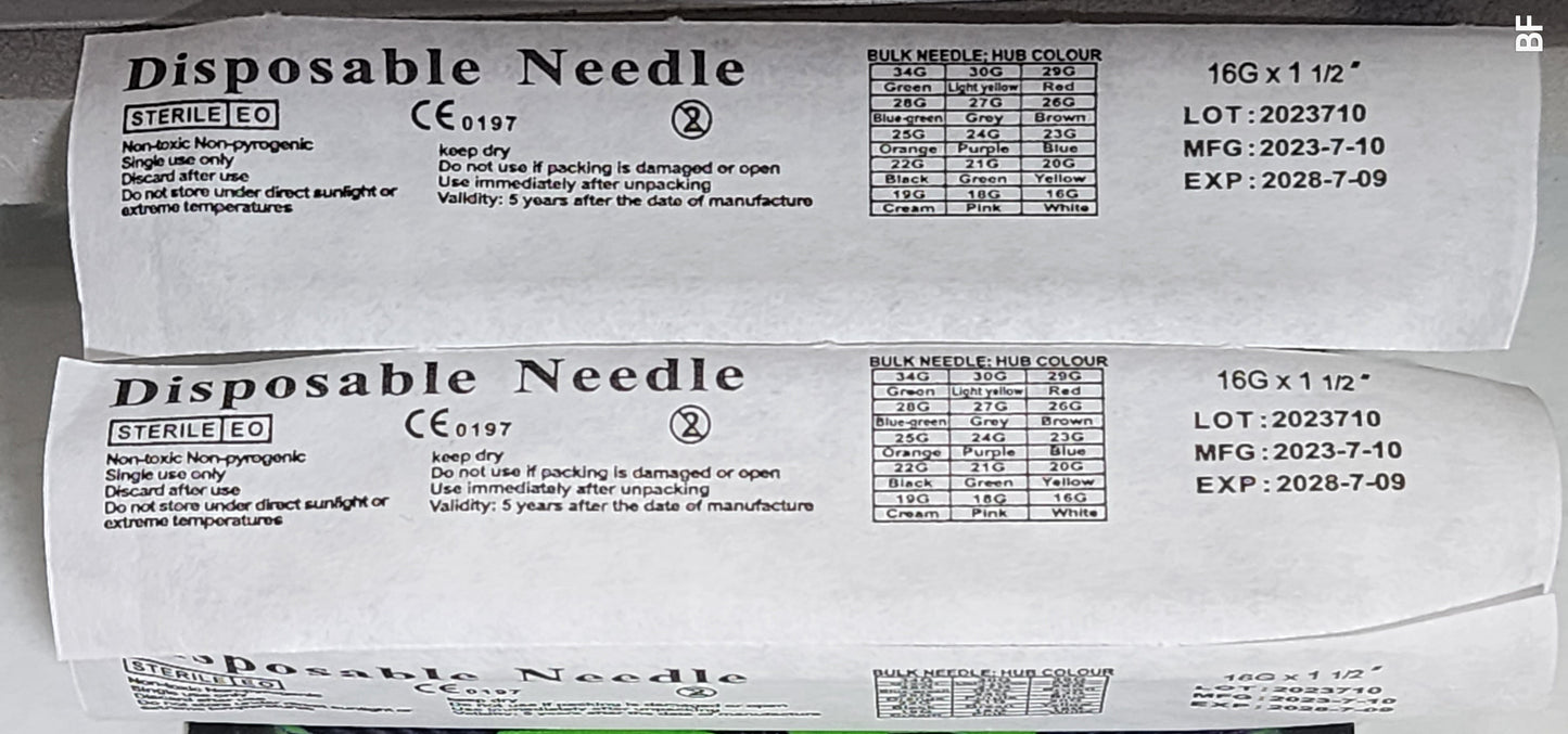 Aiguille de seringue jetable 1,5"/38 mm 16 g